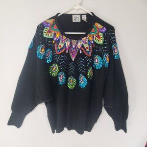Alley Cat Women's Vintage Beaded Long Sleeve Pullover Sweater Black Size 1X